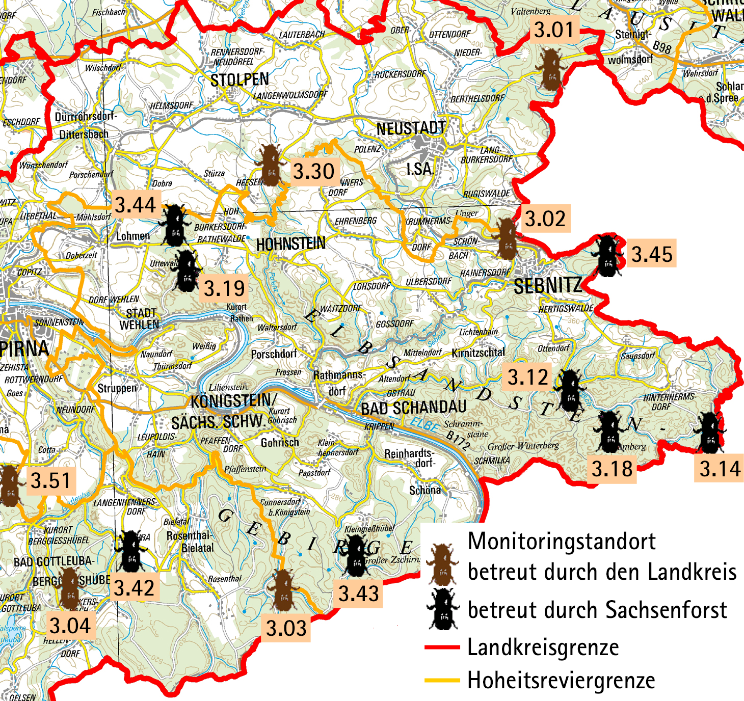Übersichtskarte mit den Standorten des Borkenkäfermonitorings
