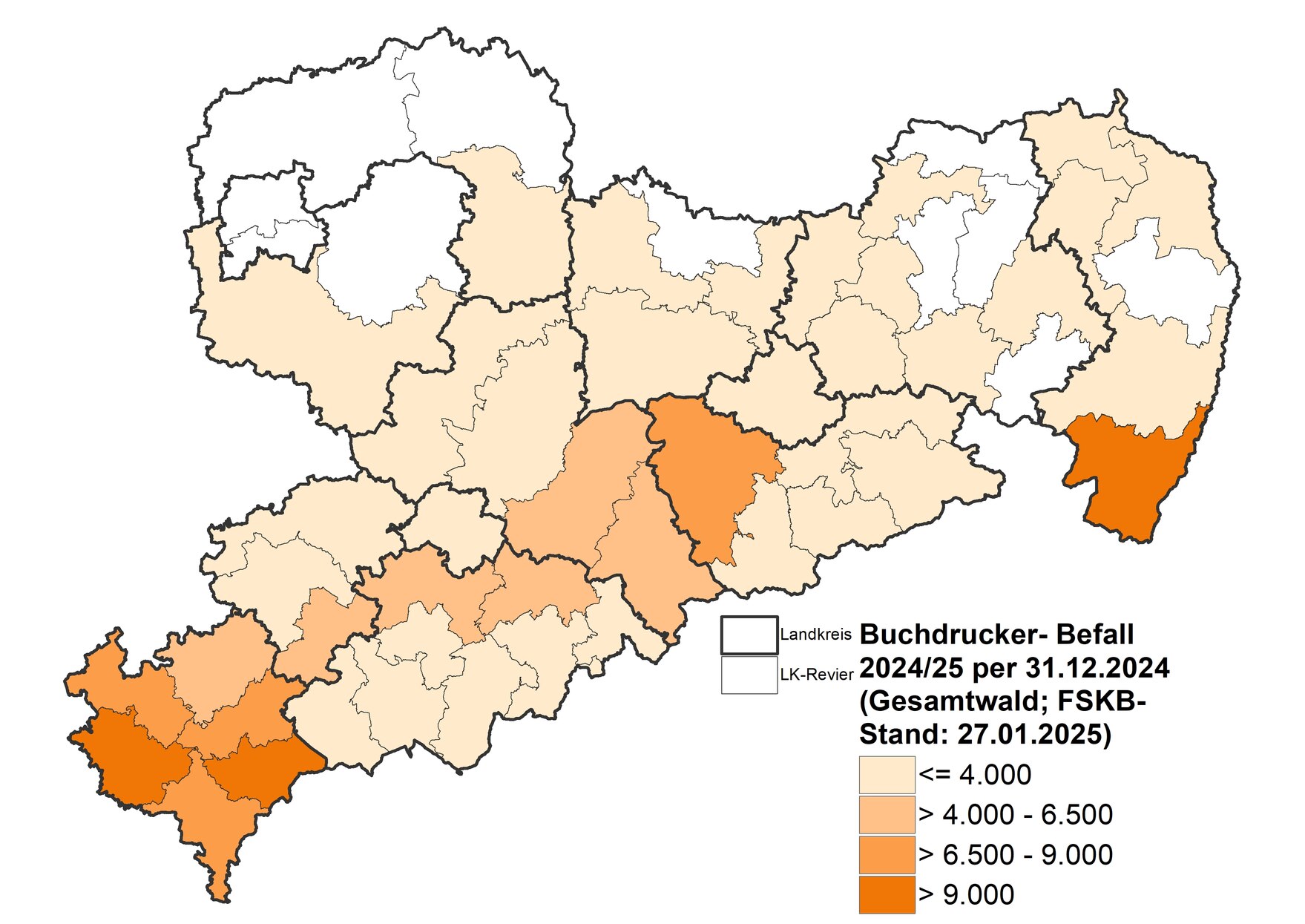 Karte von Sachsen mit weißen, hell-orangen und orangen Regionen