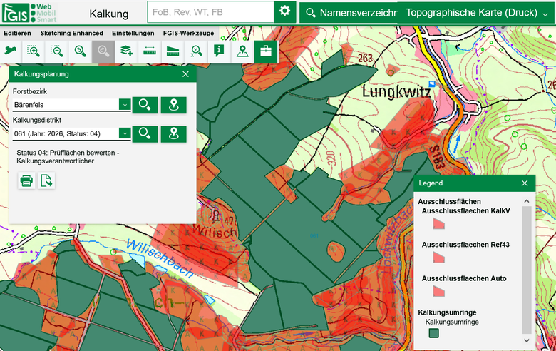 Screenshot der Kalkungsplanung mit FGISonline