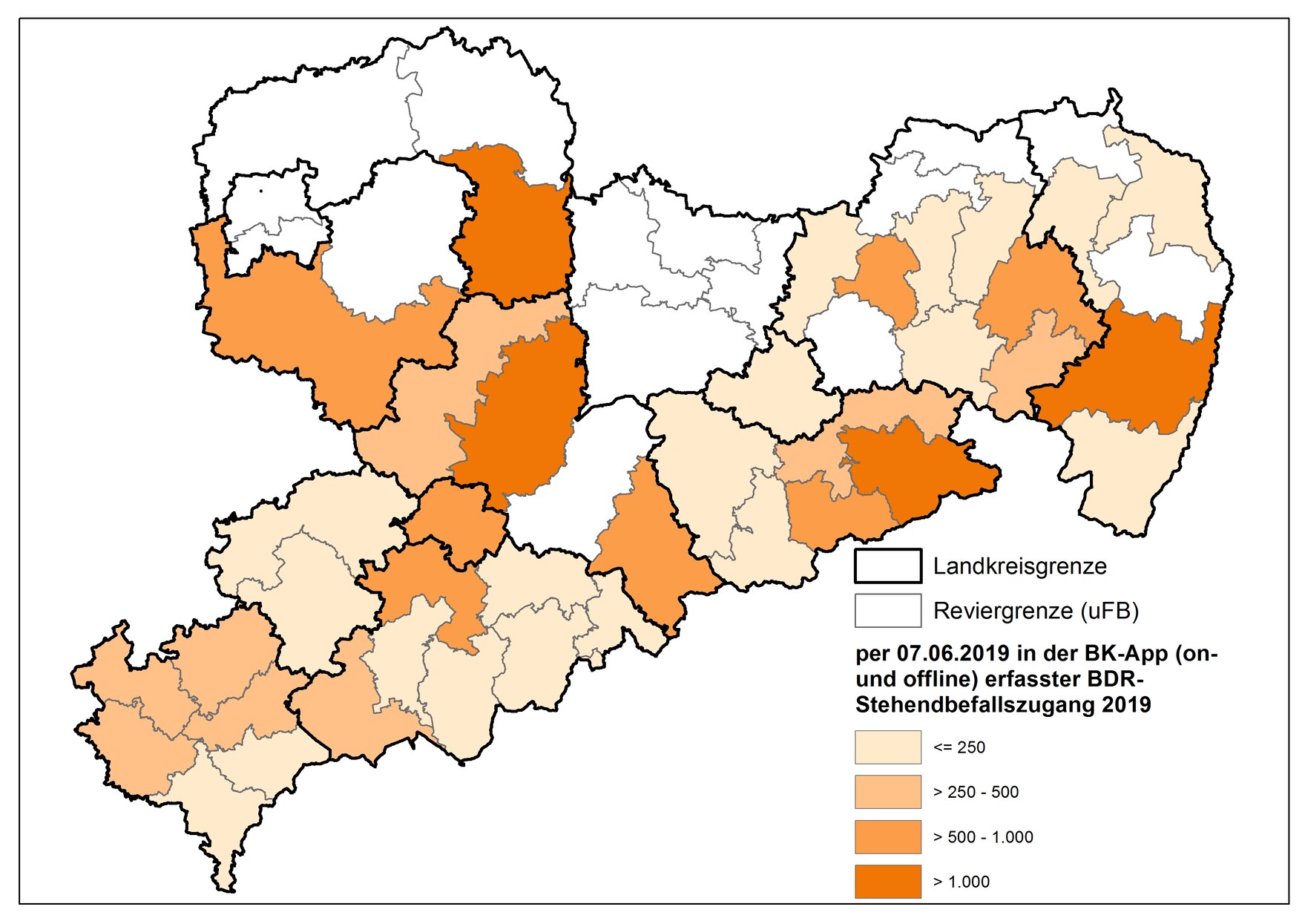Kartendarstellung von Sachsen mit unterschiedlich gefärbten Landkreisflächen