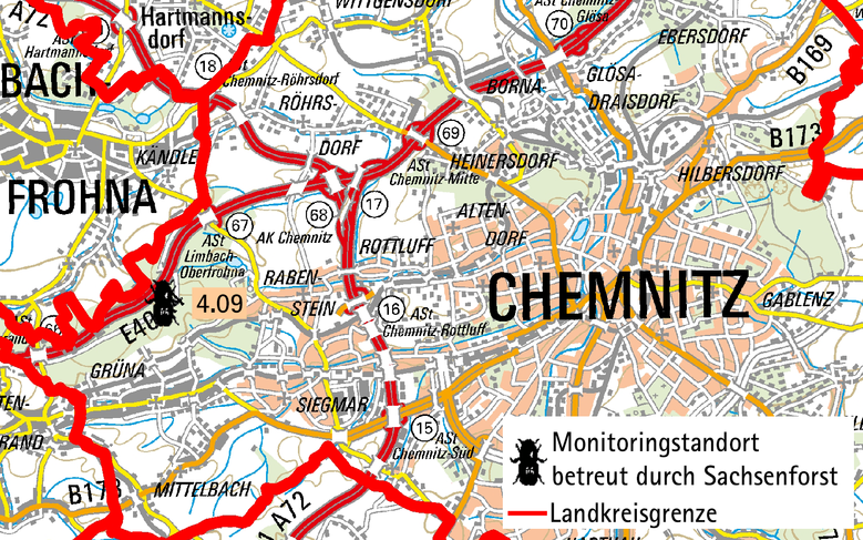 Karte der Standorte des Borkenkäfermonitorings in Chemnitz