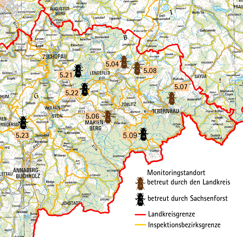 Übersichtskarte mit durch Käfersymbole markierten Fallenstandorten