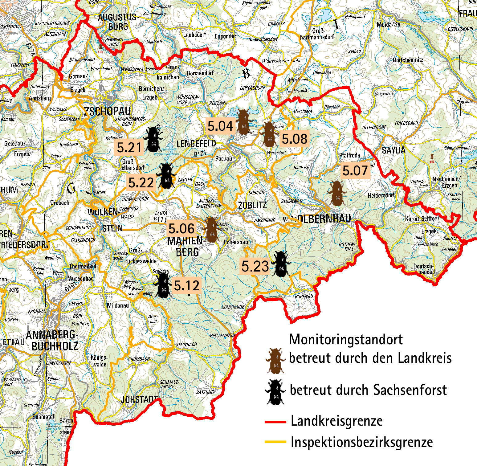 Übersichtskarte mit den Fallenstandorten im Landkreis Erzgebirgskreis, östlicher Teil