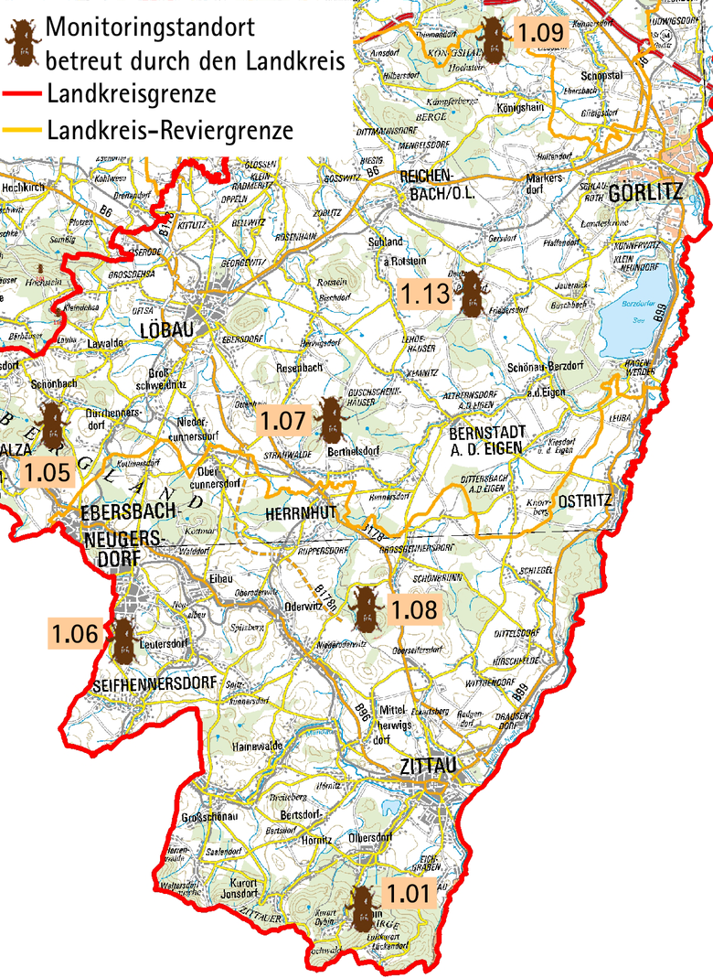 Übersichtskarte mit eingezeichneten Monitoringstandorten