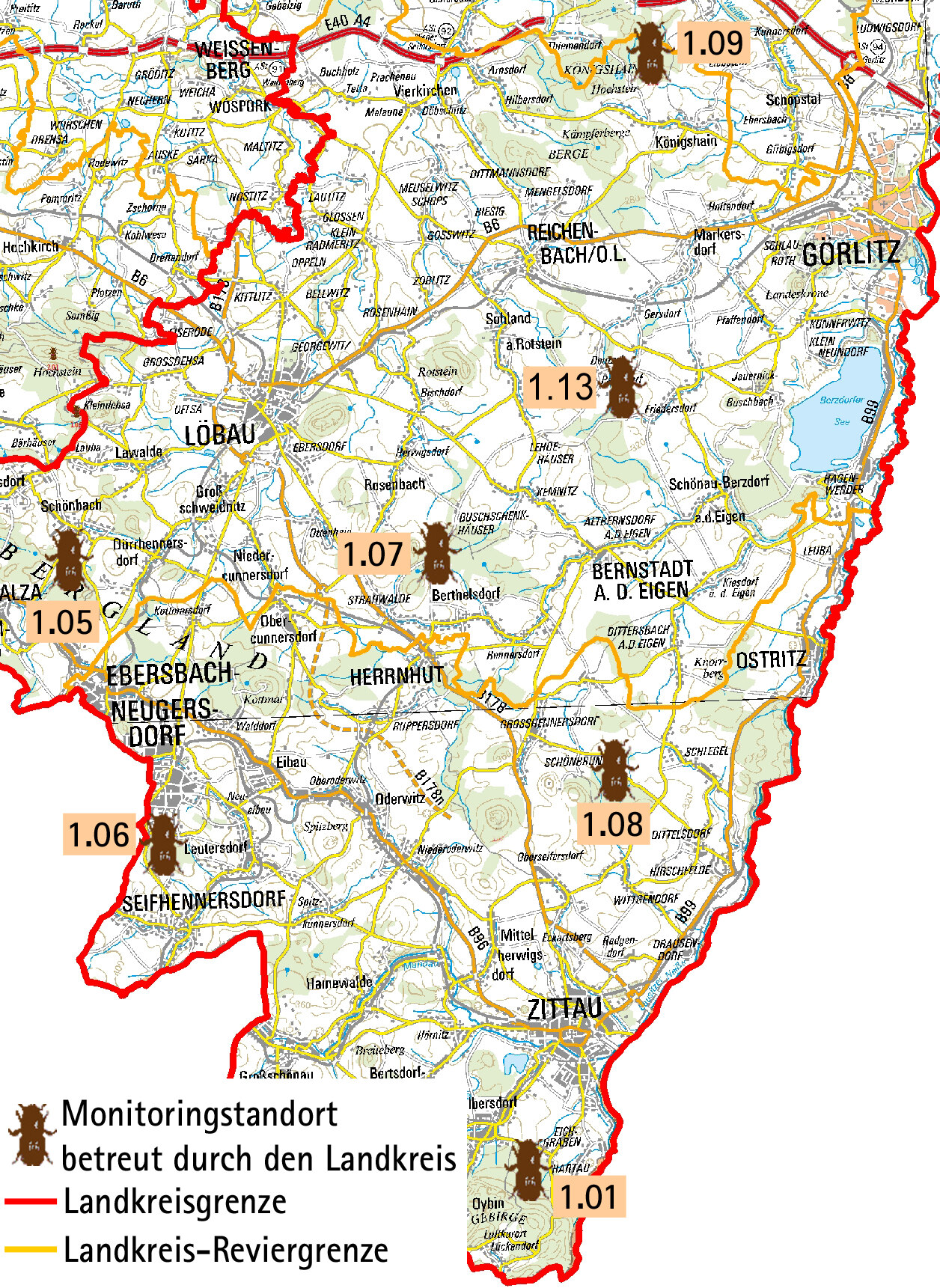 Fallenstandorte für Fichtenborkenkäfer im Landkreis Görlitz