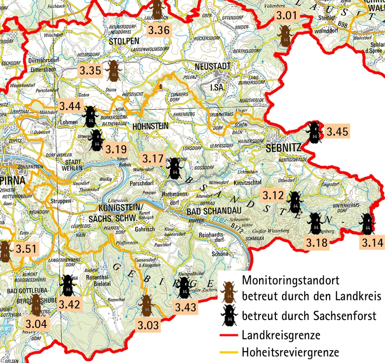 Übersichtskarte mit den Standorten des Borkenkäfermonitorings