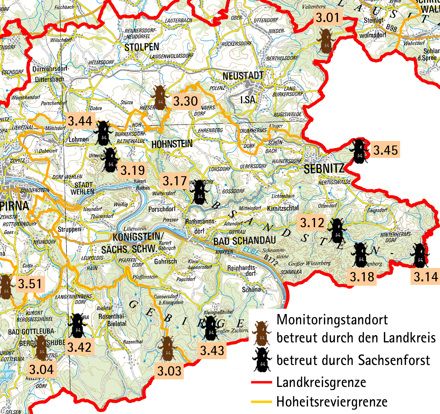 Übersichtskarte mit den Standorten des Borkenkäfermonitorings