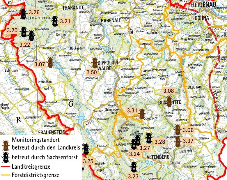 Übersichtskarte mit eingezeichneten Monitoringstandorten