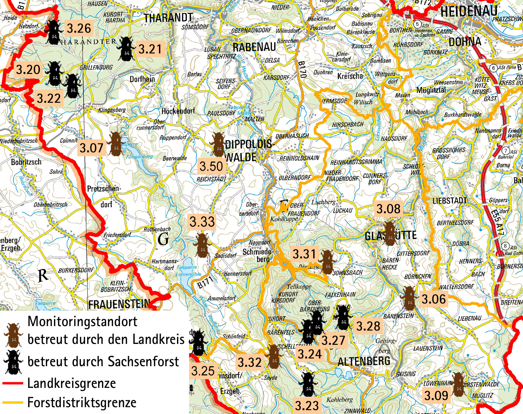 Fallenstandorte im Landkreis Sächsische Schweiz - Osterzgebirge, westlicher Teil