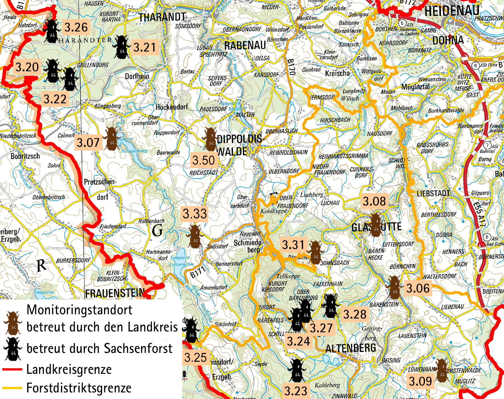 Übersichtskarte mit eingezeichneten Monitoringstandorten
