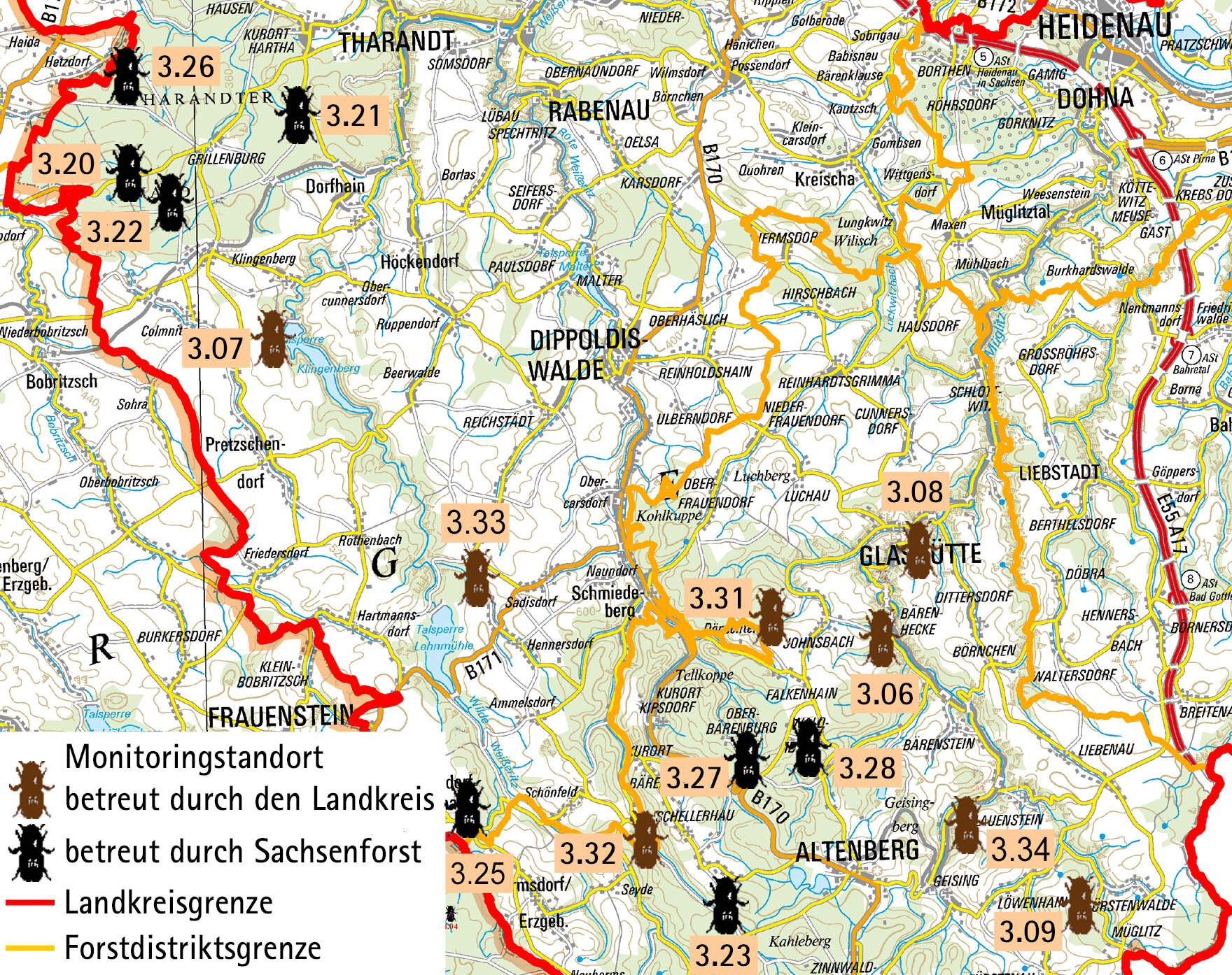 Fallenstandorte im Landkreis Sächsische Schweiz - Osterzgebirge, westlicher Teil