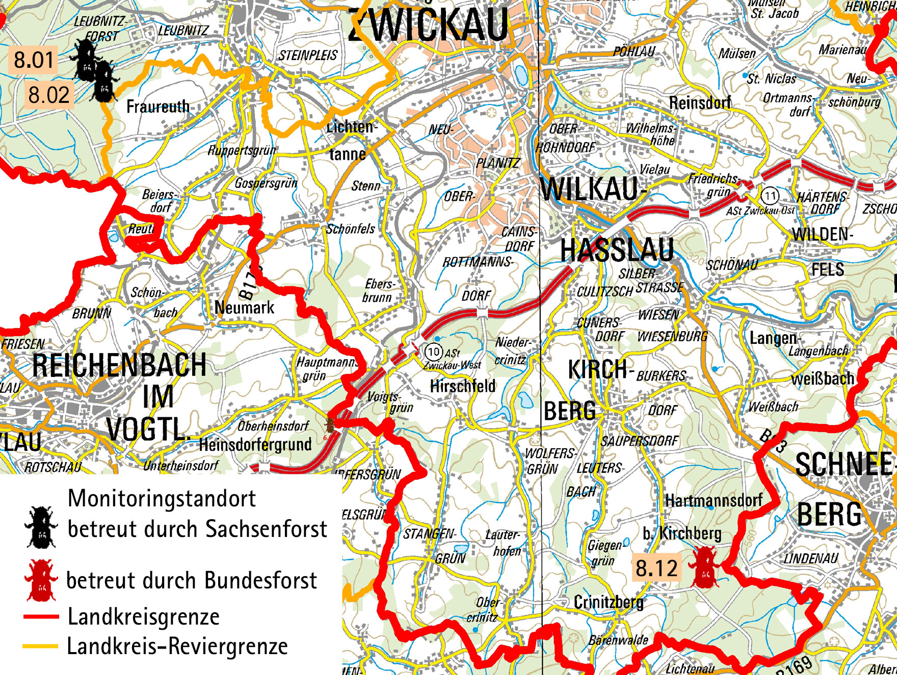 Karte mit Standorten des Borkenkäfermonitorings