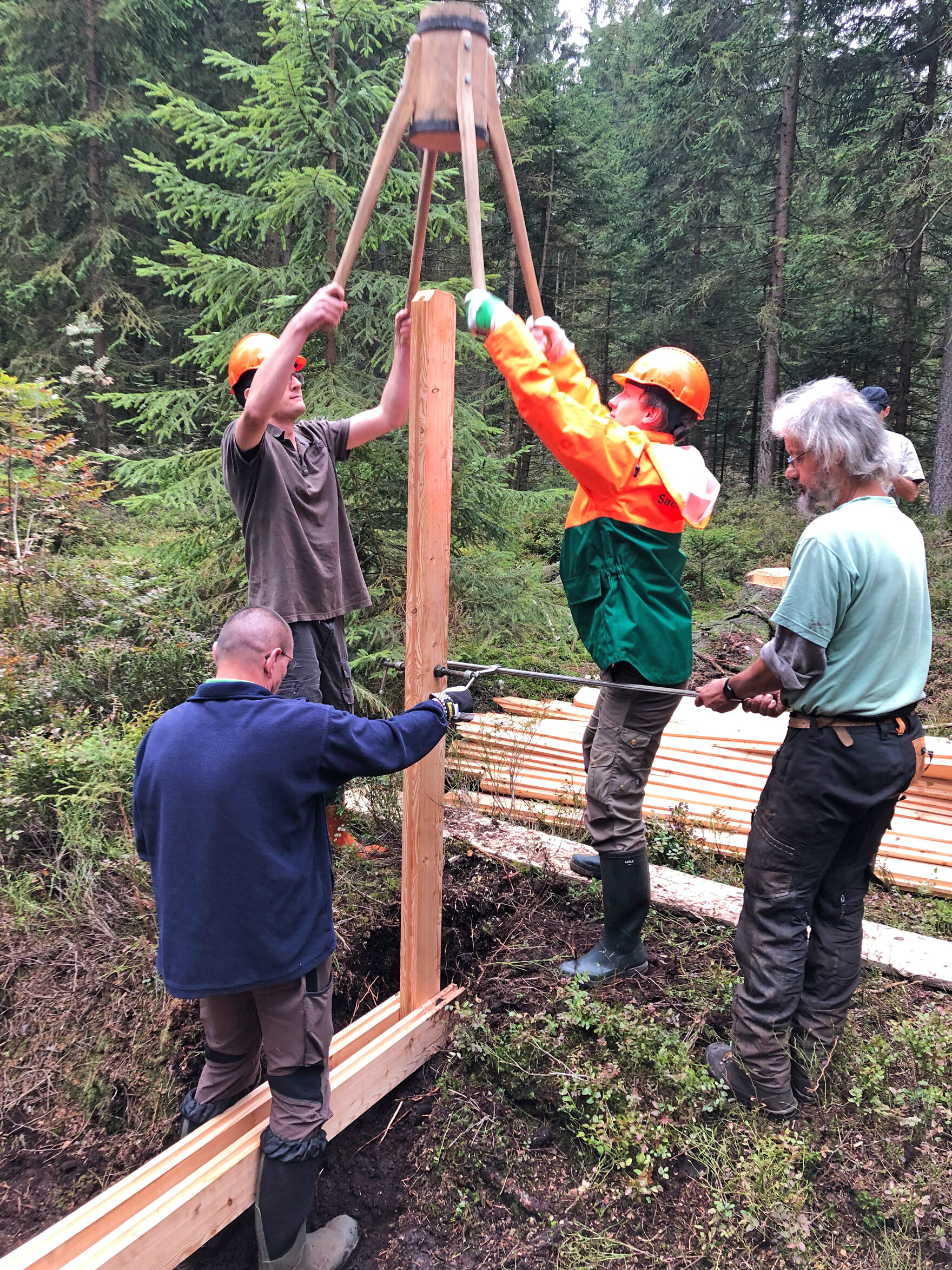Mitarbeiter bauen eine Holz-Spundwand