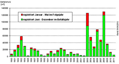 Säulendiagramm der Befalssholzmengen von 1980 bis 2011 