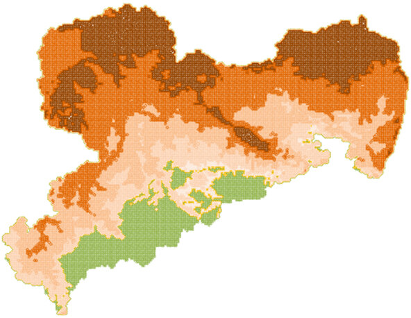 Sachsenkarte mit entsprechend gefärbten Flächen