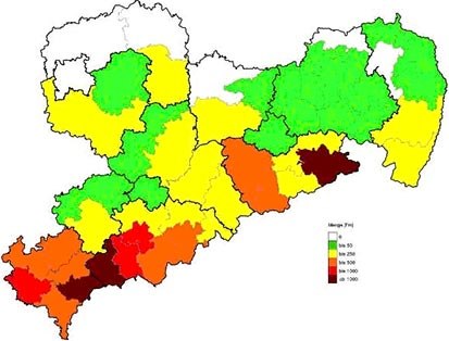 Karte mit der regionalen Verteilung der Befallsholzmengen nach Landkreisen und kreisfreien Städten mit Stand im Monat Dezember 2010 