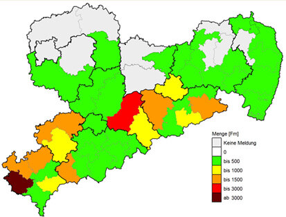 Karte von Sachsen mit den regionalen Befallsholzmengen