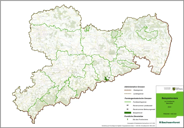 Übersichtskarte von Sachsen mit Forstbezirksgrenzen und dunkelgrün markiertem Revier.