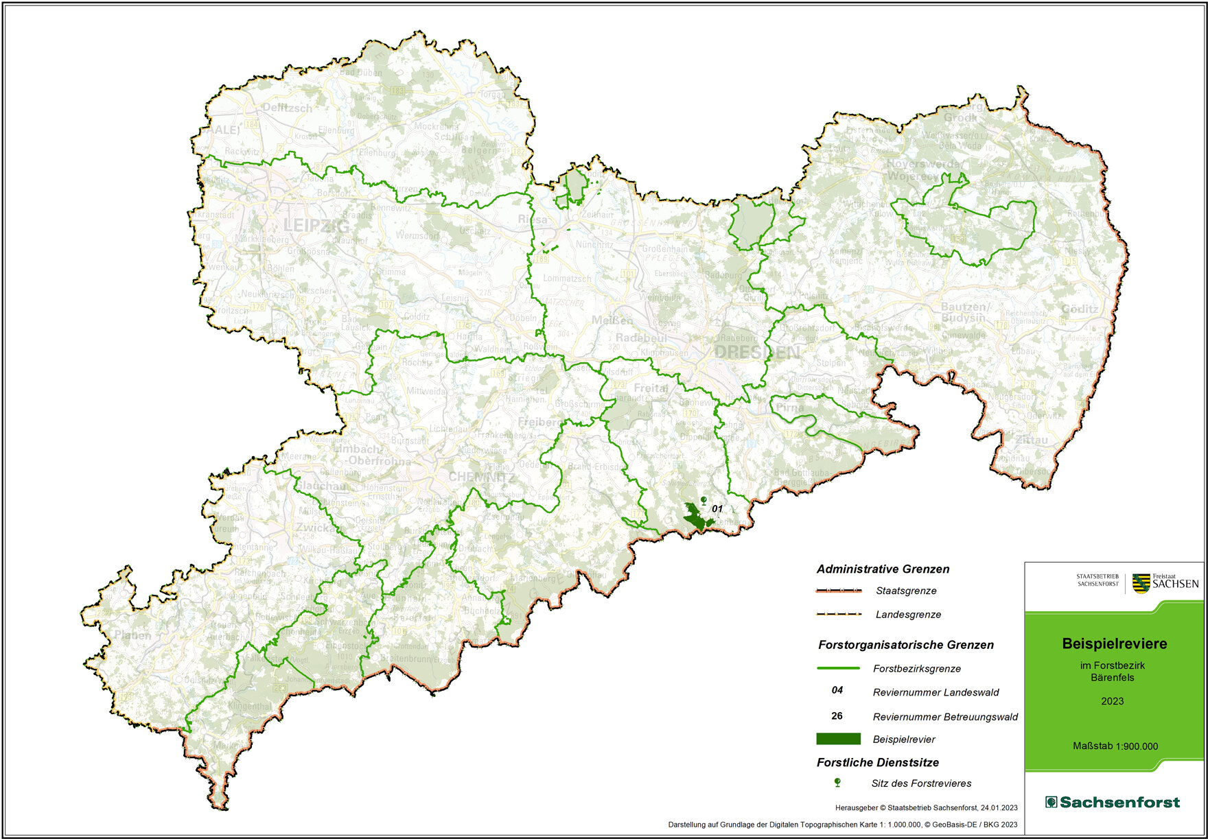 Übersichtskarte von Sachsen mit Forstbezirksgrenzen und dunkelgrün markiertem Revier.