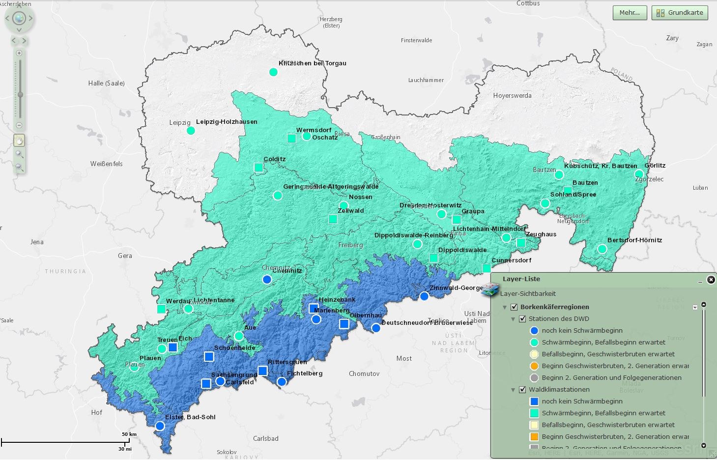 Abbildung 2 zeigt die regionalisierte, für den 15.04.19 prognostizierte Entwicklungsphasen des Buchdruckers in Sachsen 
