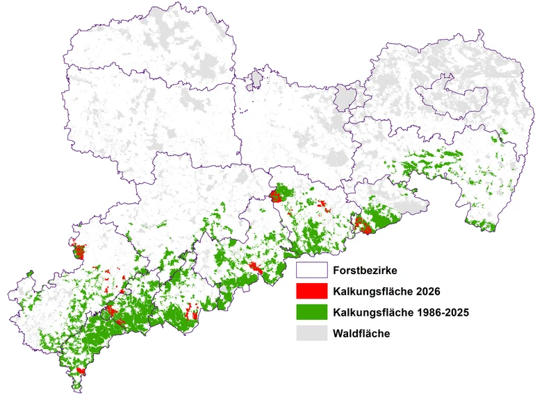 Übersichtskarte von Sachsen mit farblich markierten Kalkungsflächen