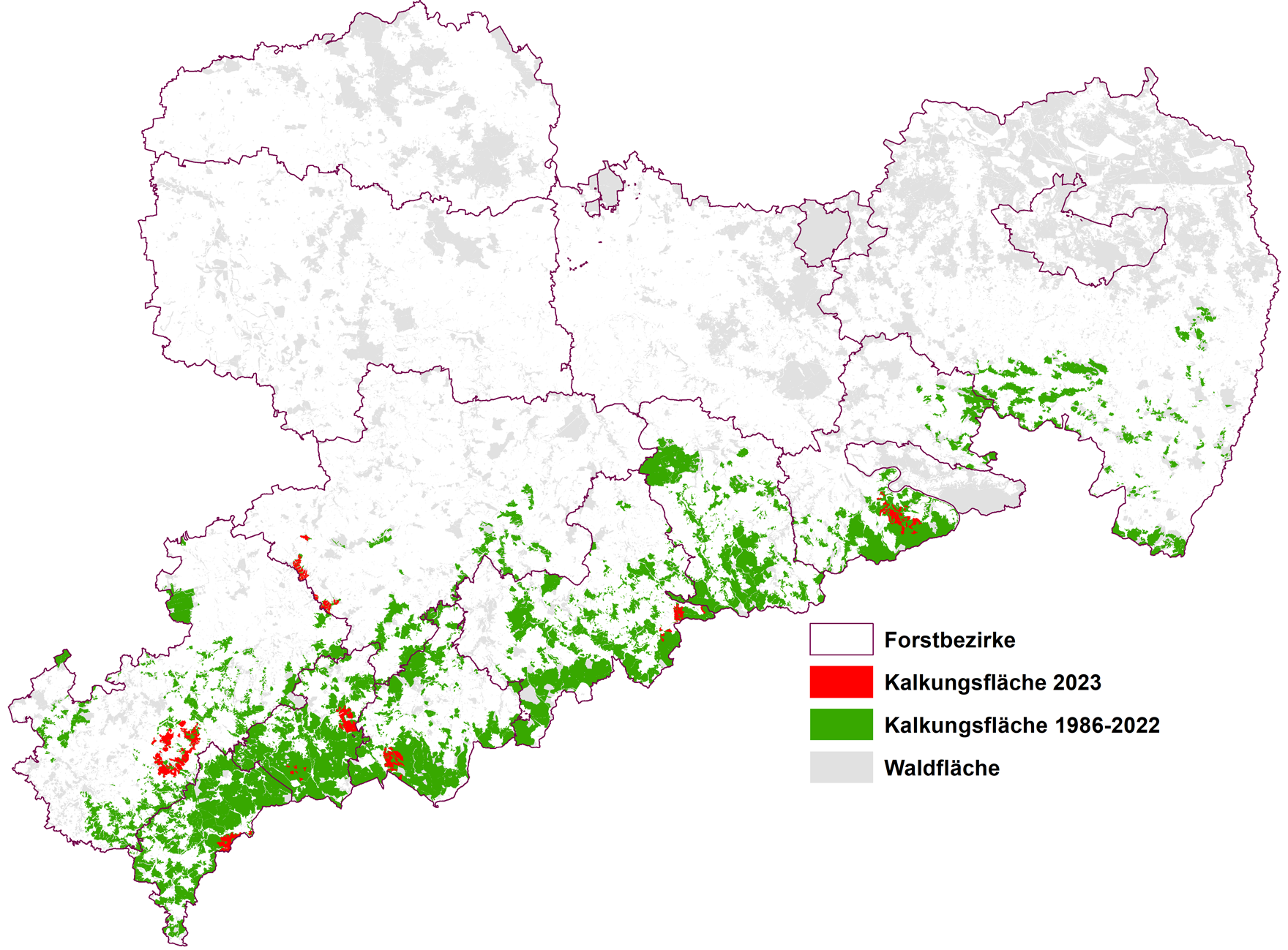 Übersichtskarte von Sachsen mit den Kalkungsflächen seit 1996 und den geplanten Flächen für 2022