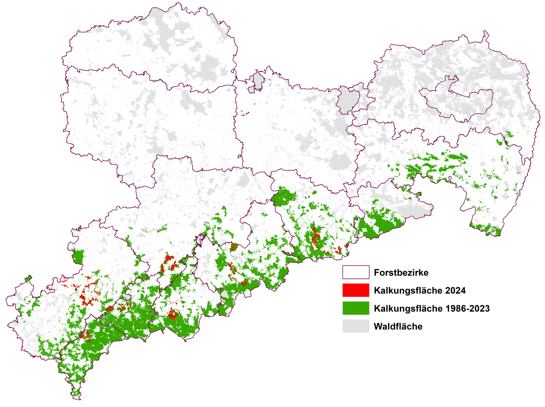 Sachsenkarte mit farblich markierten Kalkungsflächen