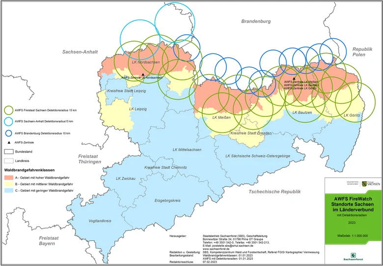 Karte von Sachsen mit eingezeichneten Standorten der FIREWATCH-Kameras.