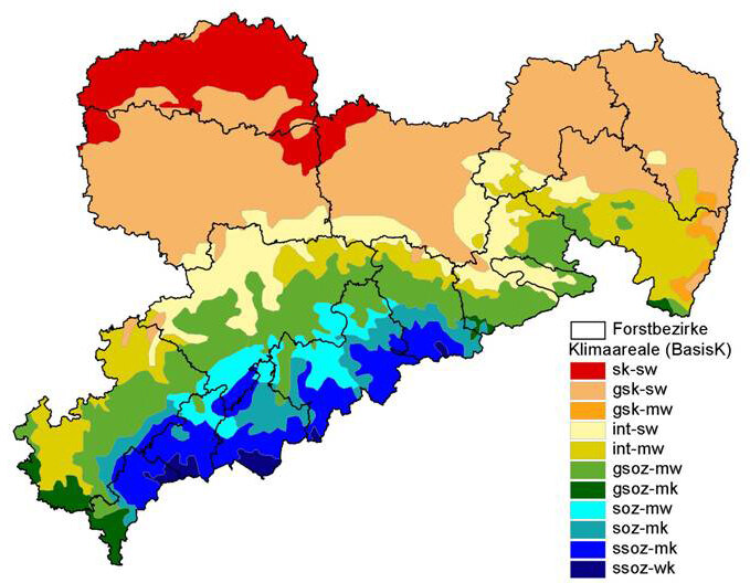 Klimakarten für Sachsen auf Basis des Vorschlages zur neuen forstlichen Klimagliederung in Sachsen; [3a: Basisklima Reihe 1971-2000; 3b: Prognoseklima 2091-2100]