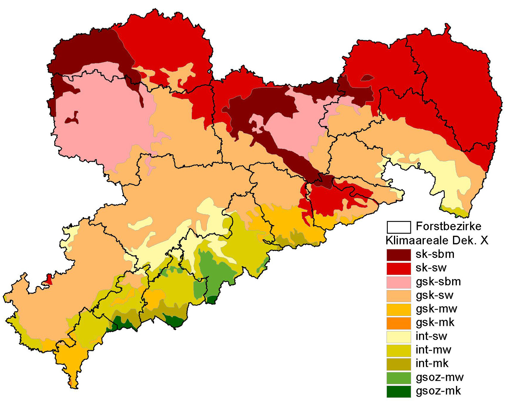 Klimakarten für Sachsen auf Basis des Vorschlages zur neuen forstlichen Klimagliederung in Sachsen; [3a: Basisklima Reihe 1971-2000; 3b: Prognoseklima 2091-2100]