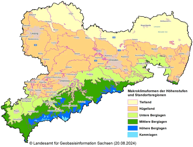 Übersichtskarte von Sachsen mit den Makroklimaformen