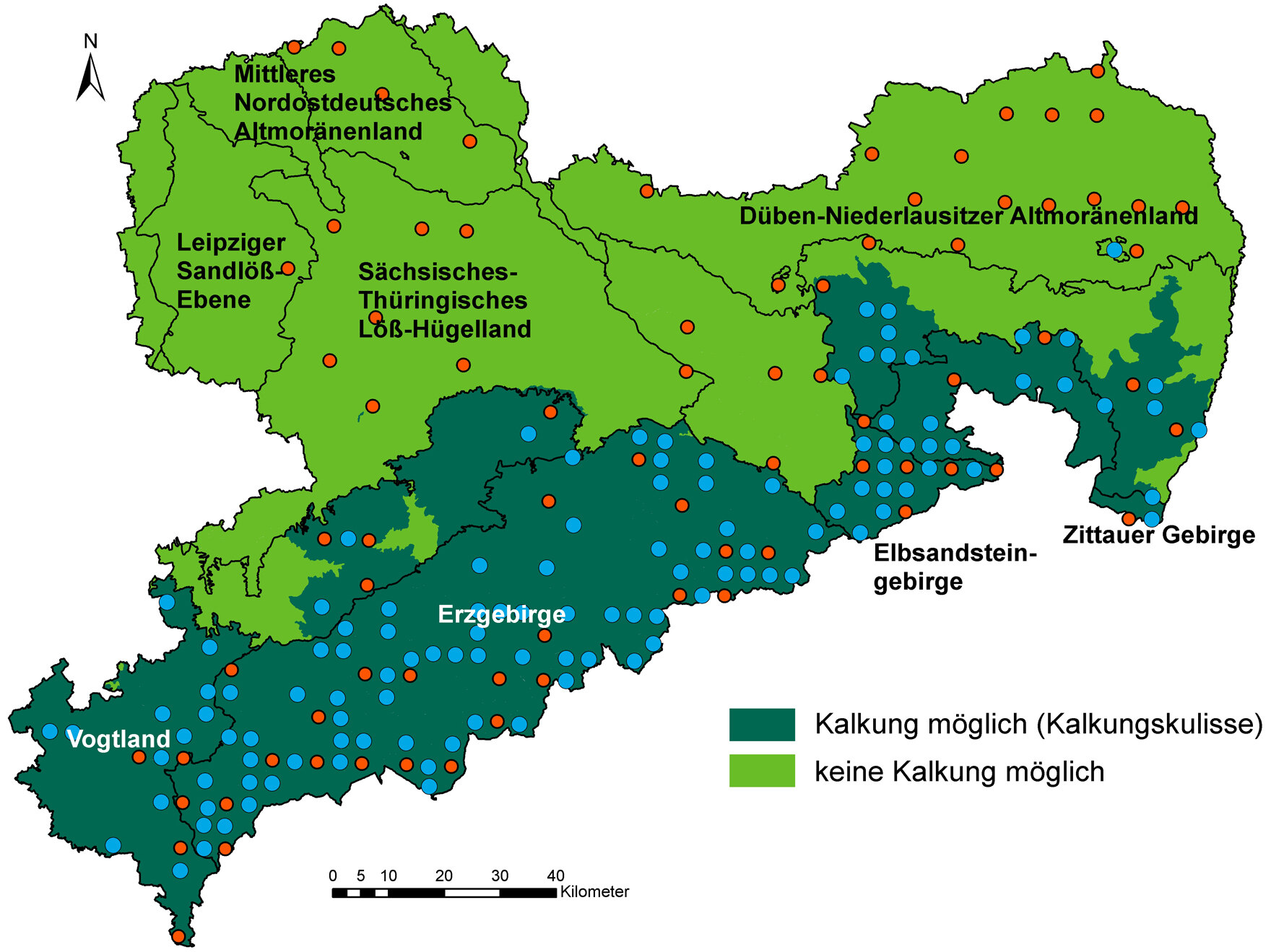 Karte mit der Lage der 120 BZE-Punkte (blau) innerhalb der Kalkungskulisse in Sachsen