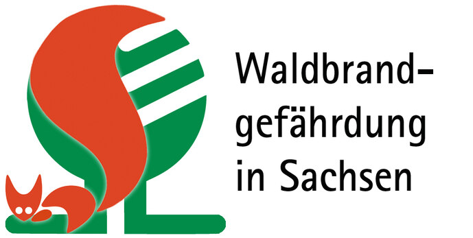 Grafik des Logos der Waldbrandapp mit Schrift "Waldbrandgefährdung in Sachsen"