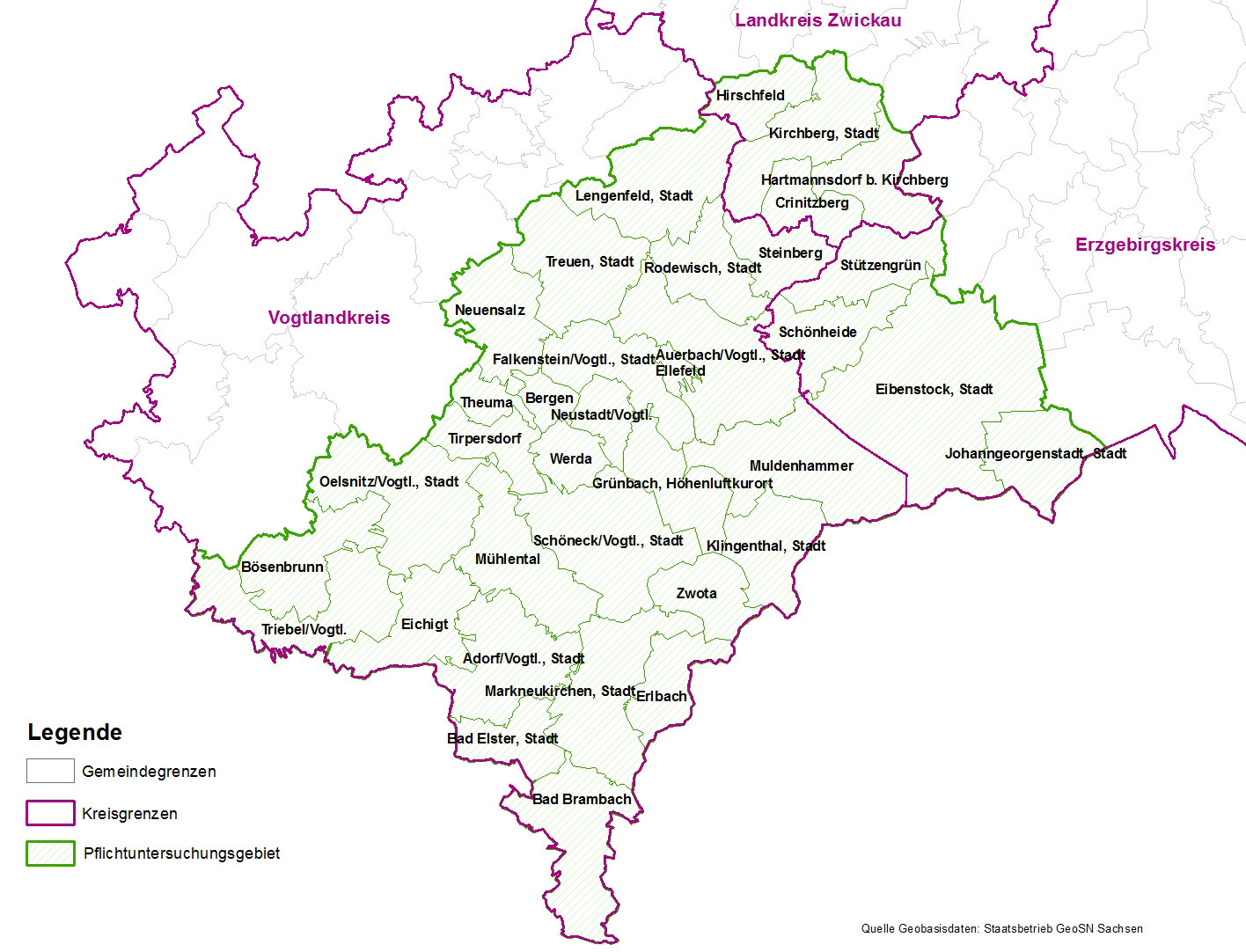 Landkarte mit Gemeinde-, Und Kreisgrenzen und Kennzeichnung des Untersuchungsgebietes