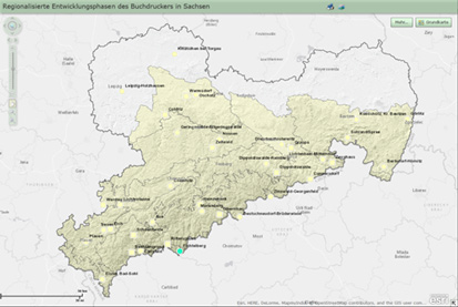 Karte von Sachsen mit regionalen Entwicklungsphasen der Borkenkäfer