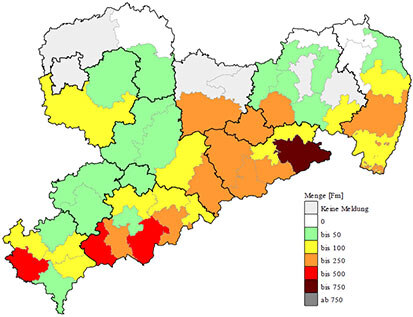 Karte der regionale Befallsholzmengen 2011 nach Landkreisen