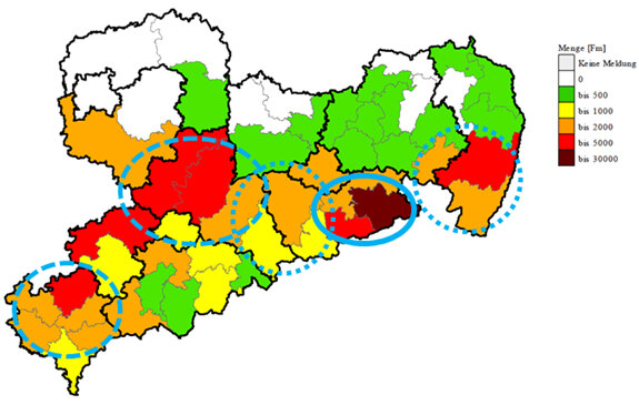 Sachsenkarte mit eingefärbten Regionen