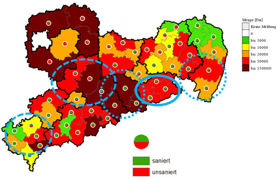Sachsenkarte mit eingefärbten Regionen