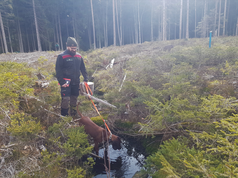 Ein Mitarbeiter steht mit seinem Hund an einem Graben.