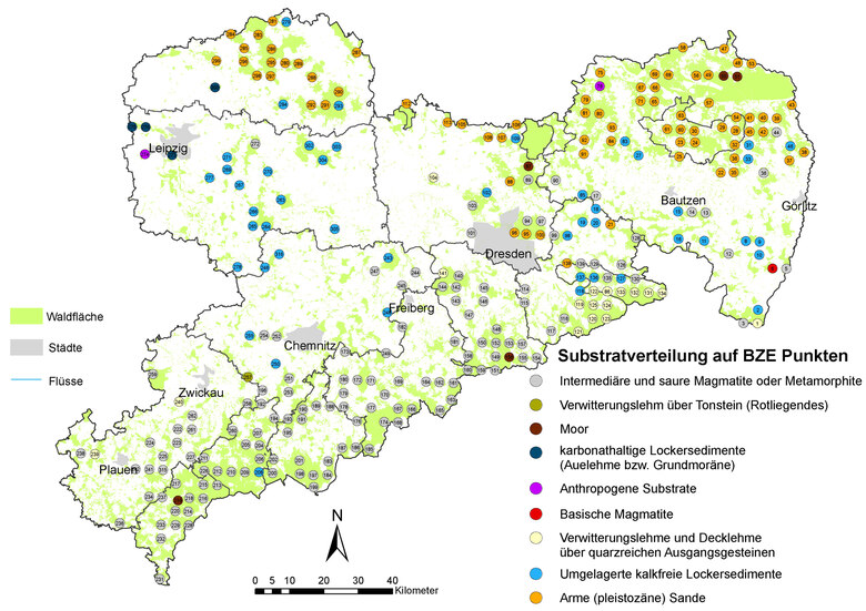Karte der Verteilung aller 283 BZE – Punkte in Sachsen unter Angabe der Substratgruppe
