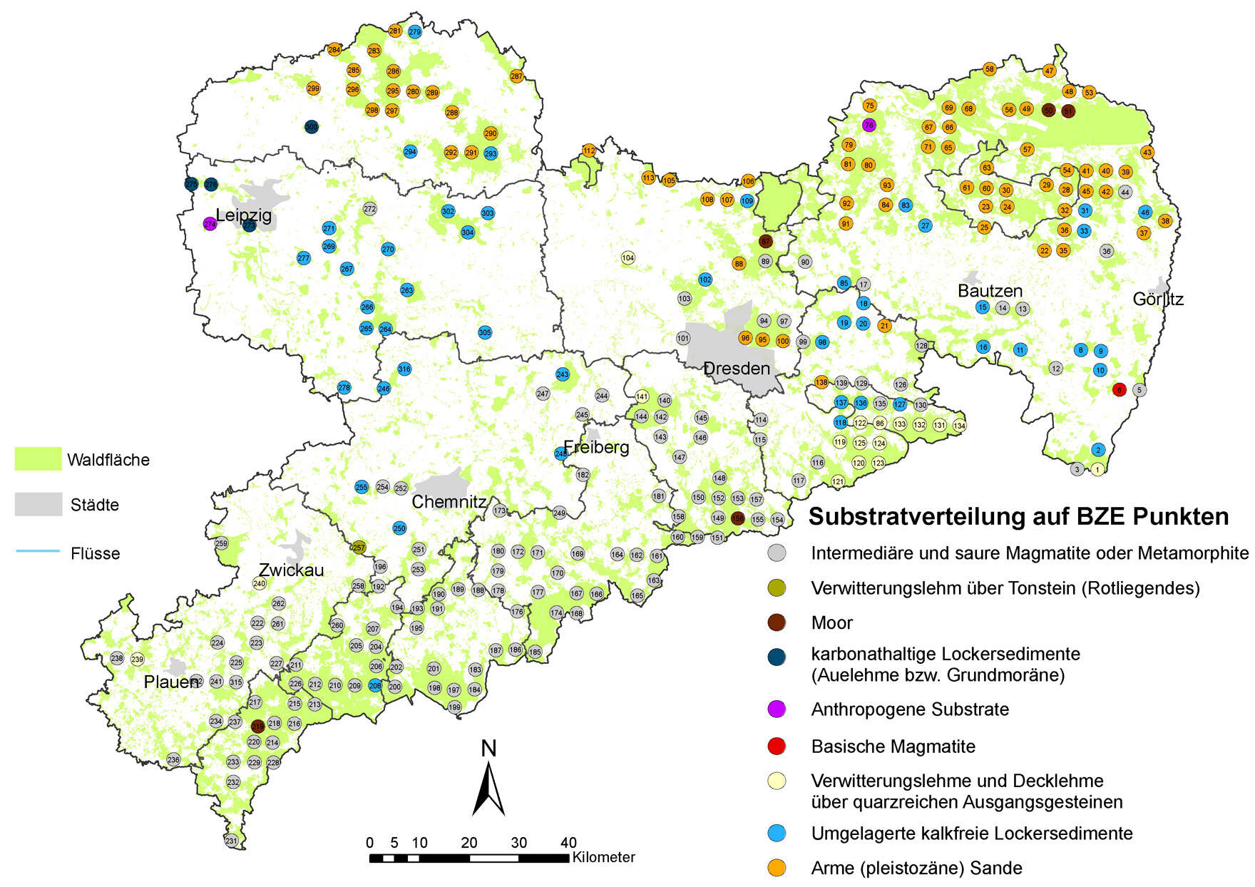 Karte der Verteilung aller 283 BZE – Punkte in Sachsen unter Angabe der Substratgruppe