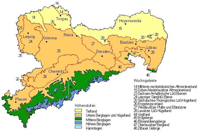 Karte: Wuchsgebiete in Sachsen
