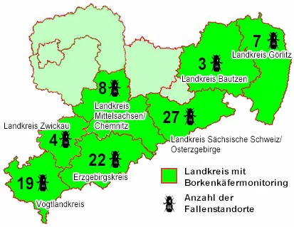 Übersichtskarte von Sachsen mit Anzahlen der Monitoringstandorte in den Landkreisen
