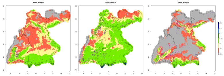 Drei Kartendarstellungen der Standorte mit unterschiedlich eingefärbten Temperaturen.