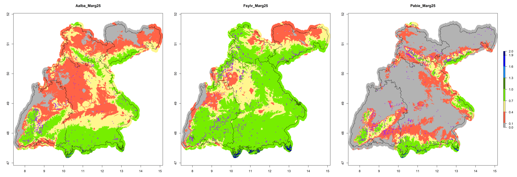 Drei Kartendarstellungen der Standorte mit unterschiedlich eingefärbten Temperaturen.